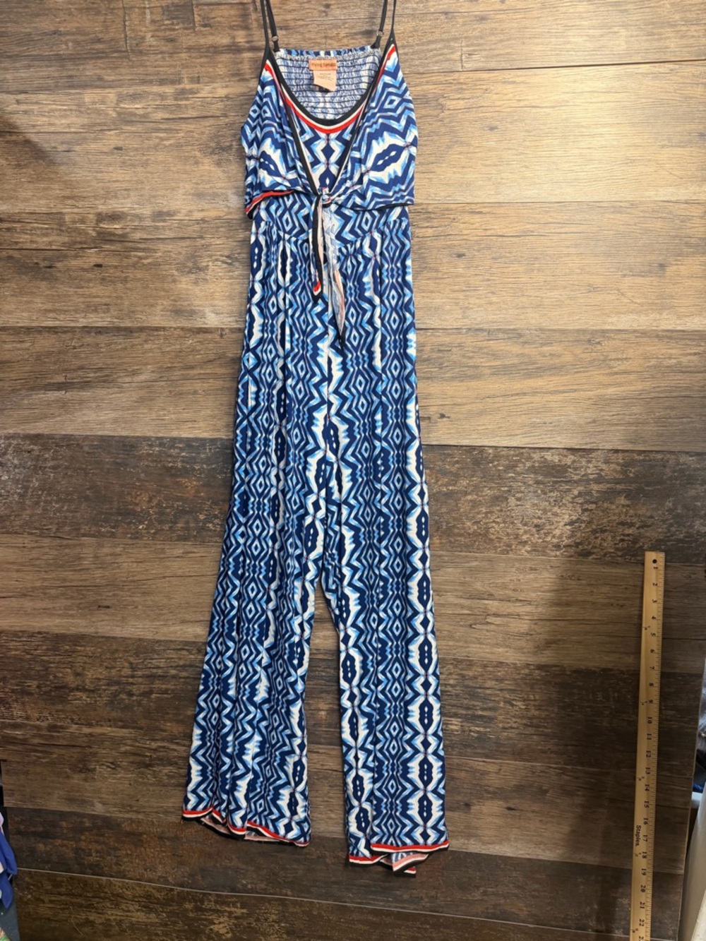 Flying Tomato Blue Geometric Spaghetti-Strap Jumpsuit with Red Trim